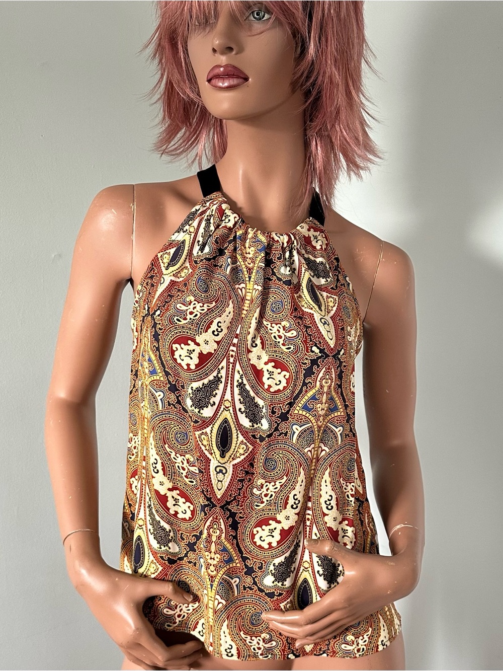 Paisley Silk Halter Top with Black Silk Tie